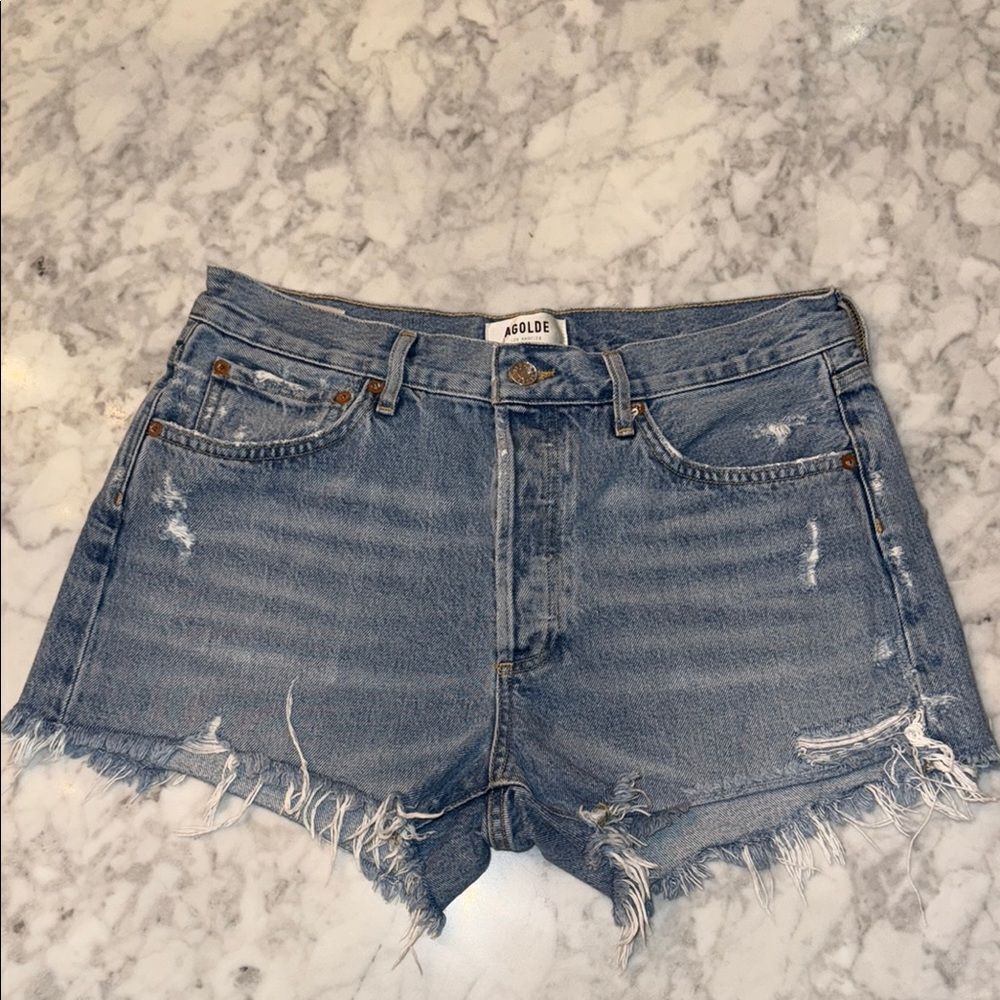 Agolde Light Blue Frayed Jean Shorts 28
